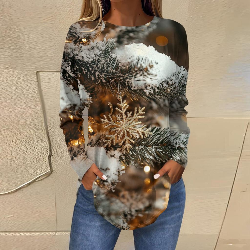 Женская свободная футболка с круглым вырезом и длинными рукавами с принтом в стиле ретро, пуловер на Рождество