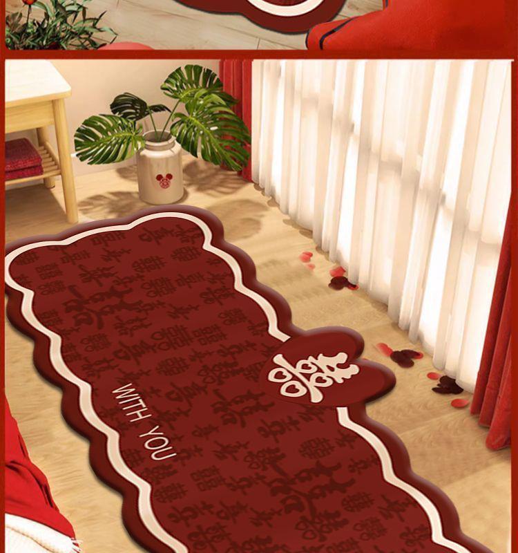 Red Wedding Room Non-Slip Bedside Rug - Double Happiness Design