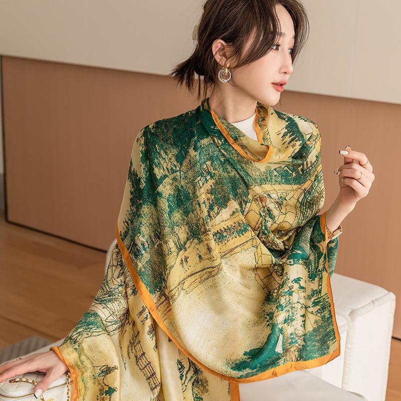 Весенне-летний тонкий атласный длинный платок в китайском стиле в стиле ретро Цинмин Шанхэ Ту Лицзин Элегантный женский солнцезащитный декоративный шелковый шарф
