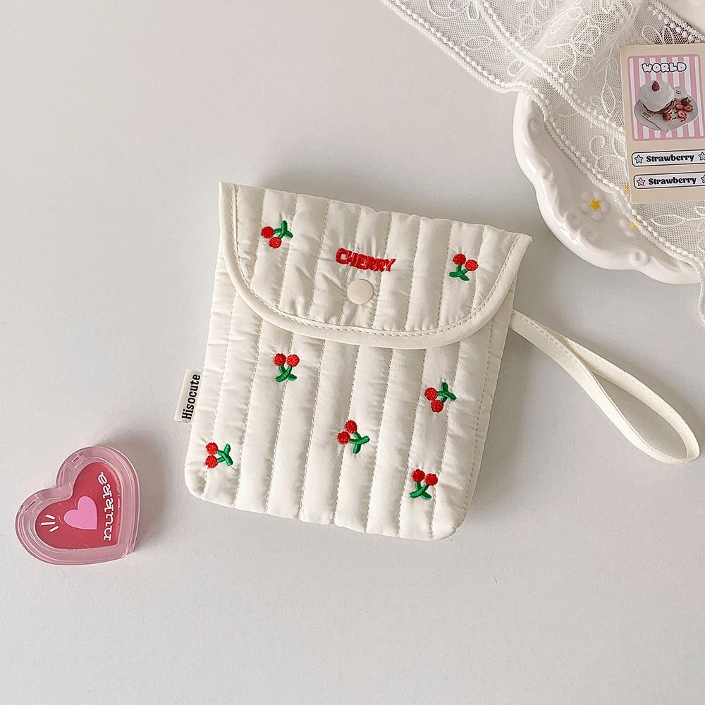 Menstruation Towel Storage Embroidery Cherry Cosmetic Bag Large Capacity Bow Makeup Bag  Women
