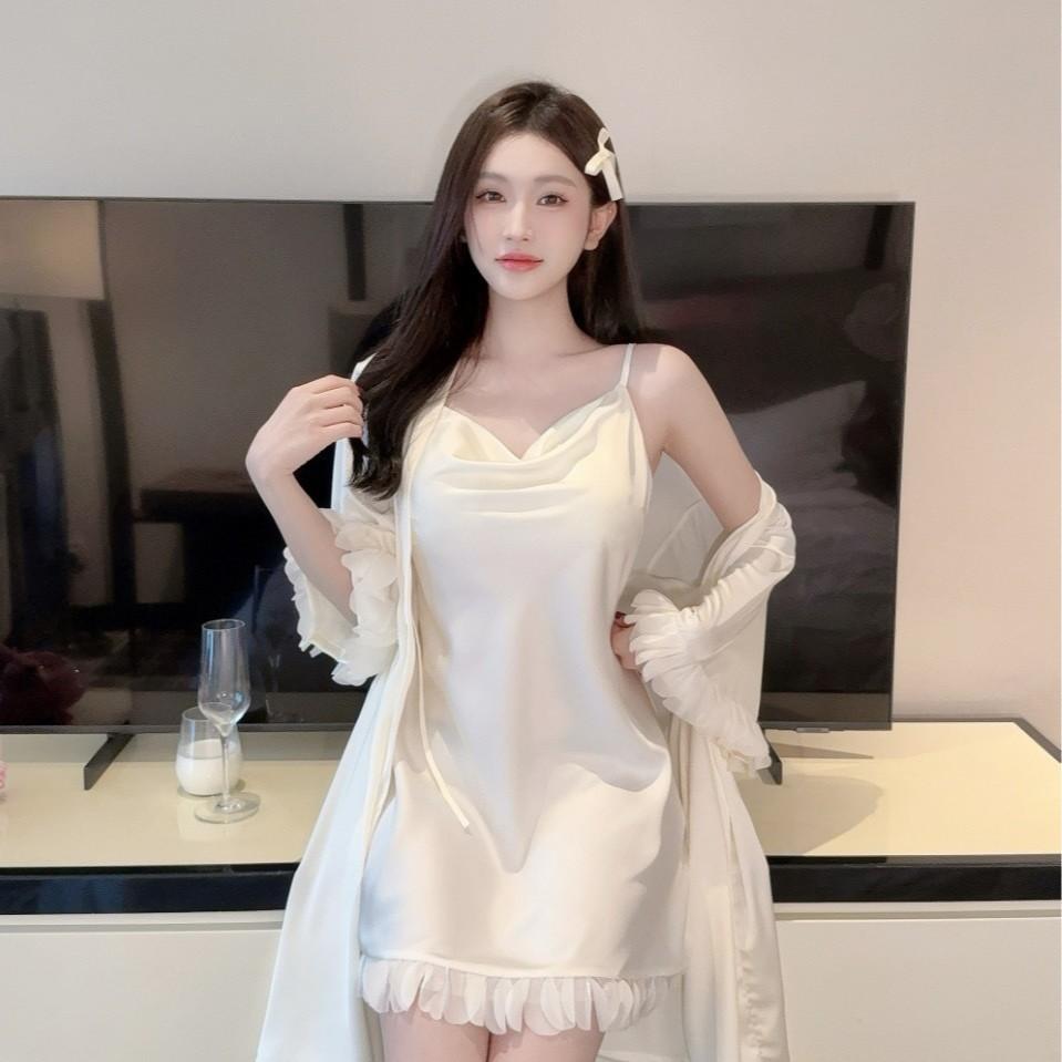 Summer new ice silk nightgown female sexy pure desire sweet princess style thin suspender nightgown loungewear two-piece set