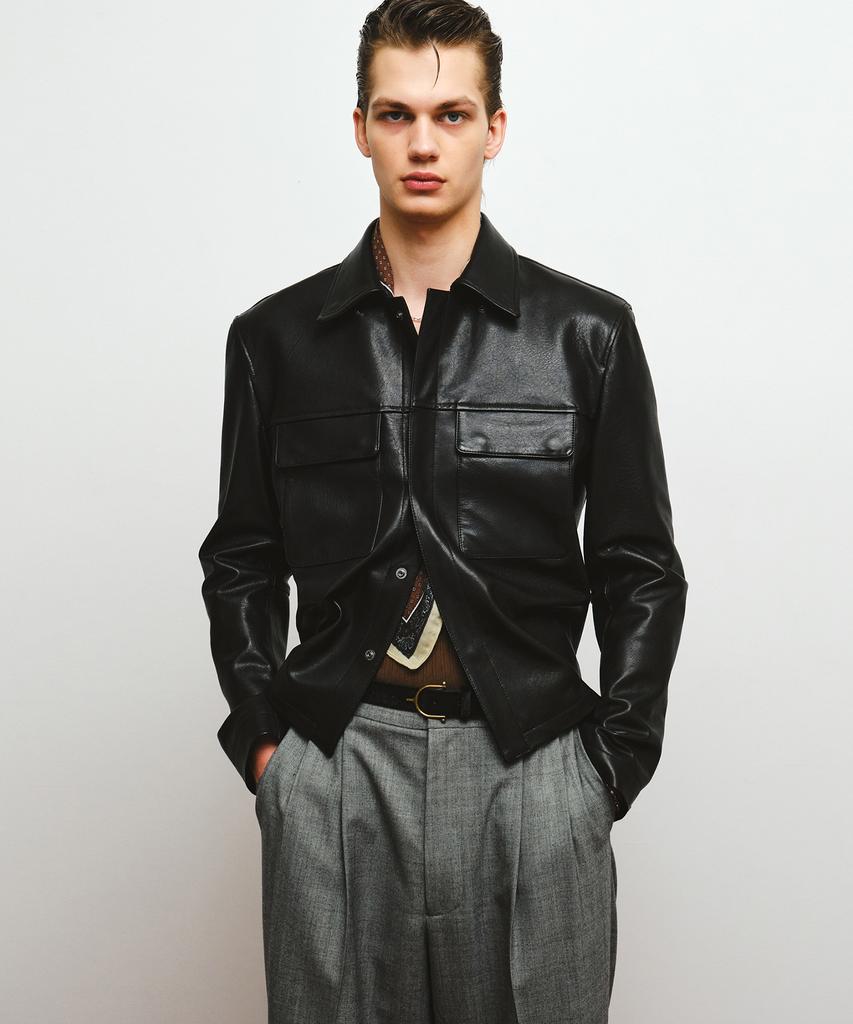 Noirer Lambs Leather Shirt Jacket (Black)