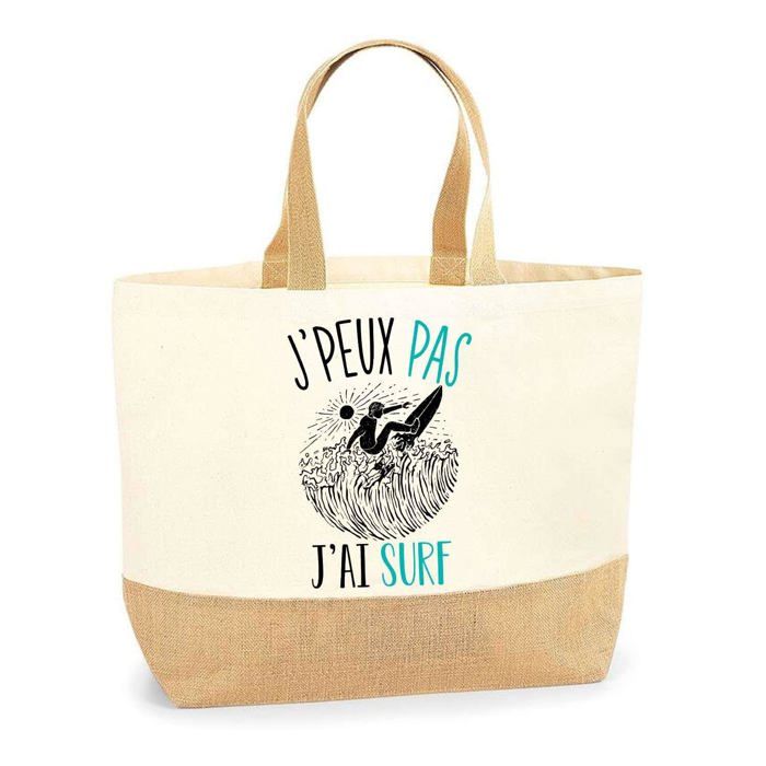 Sac cabas - PLANETEE - Surf J'peux pas - Jute - Beige - Imprimé en France