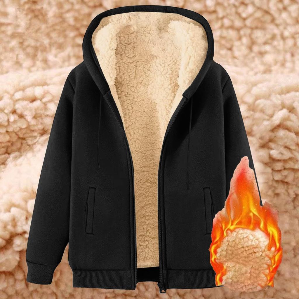 Women's Fashion Fleece-Lined Thermal Top Solid Color Hoodie Jacket With Pockets