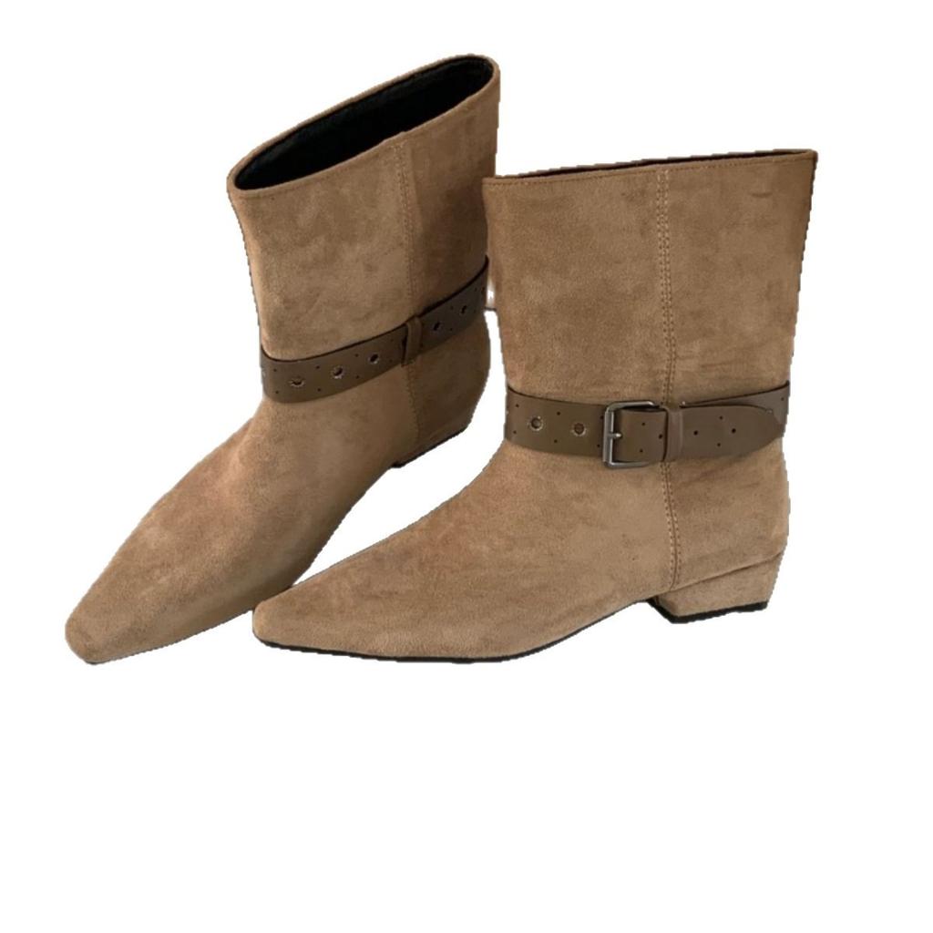 Retro medium tube pointed short boots women's new autumn and winter thick heel middle heel pleated pile versatile cowboy boots