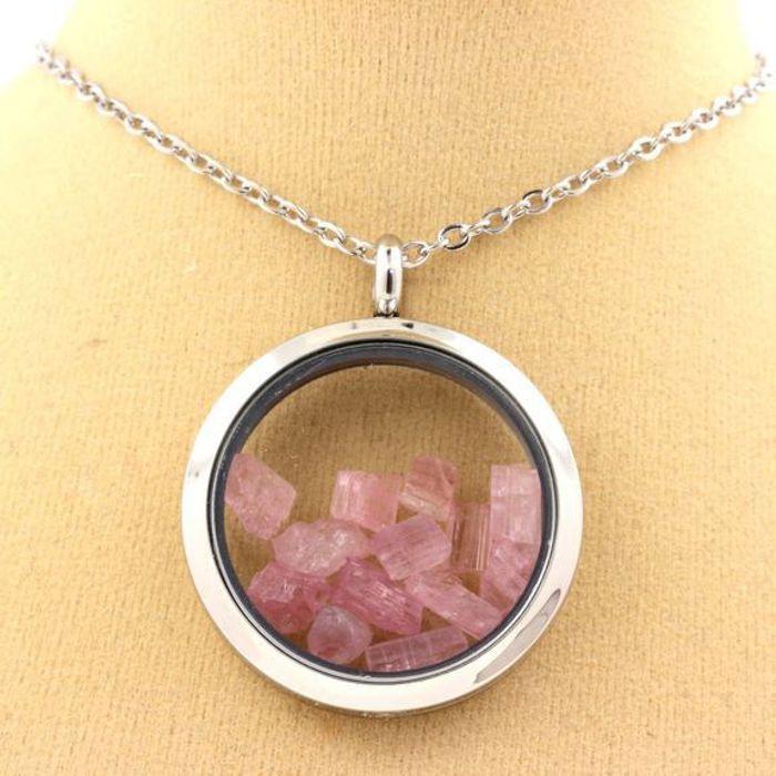 Stones and Minerals. Raw Pink Tourmaline Necklace. 30 Mm Medallion Model. Color Silver.