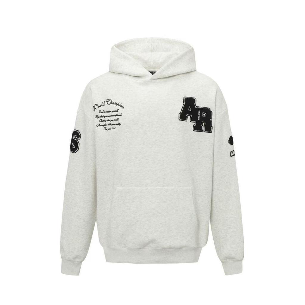 Unisex Guochao Heavyweight AR Embroidery Hoodie with Stand-Up Collar, Velvet Lined, Loose Fit, Autumn/Winter Style.