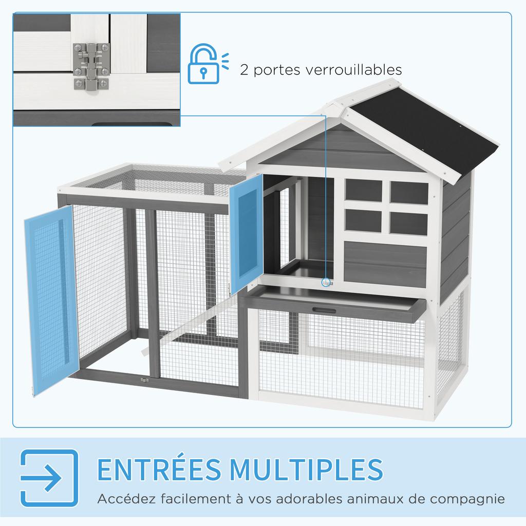 Multi-Equipped Rabbit Hutch Cage: Upper House with Ramp, Droppings Tray, Window + Outdoor Run