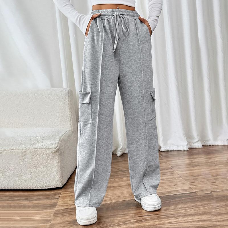 Women's Pant Casual Elasticated High Waist Patchwork Pocket Straight Leg Pants
