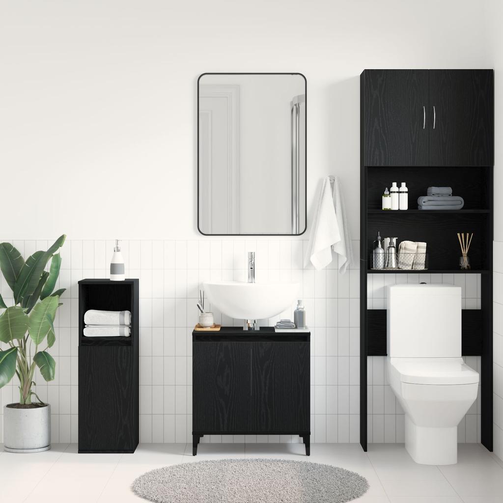 Black Oak Bathroom Sink Cabinet, Triangular Black Legs, Large Storage Space, 58x33x60 Cm Made of Particle Board.