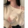 Autumn Korean Fashion Vintage Knitted Pullovers Women One Shoulder Strappy Casual Solid Tops Elegant College Style Clothing 2024