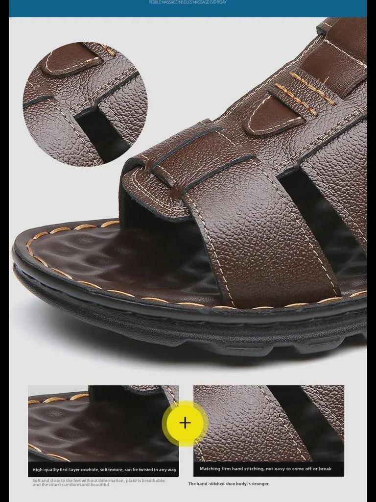 Men's 2024 Summer Genuine Leather Breathable Sandals - Versatile, Soft Bottom, Beach-Ready.