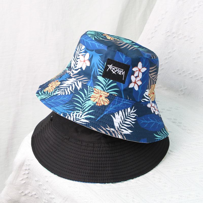 Korean Letters Embroidery Bucket Hat For Women Men Summer Coconut Trees Print Double-Sided Fisherman Cap Wide Brim Sunshade Hats