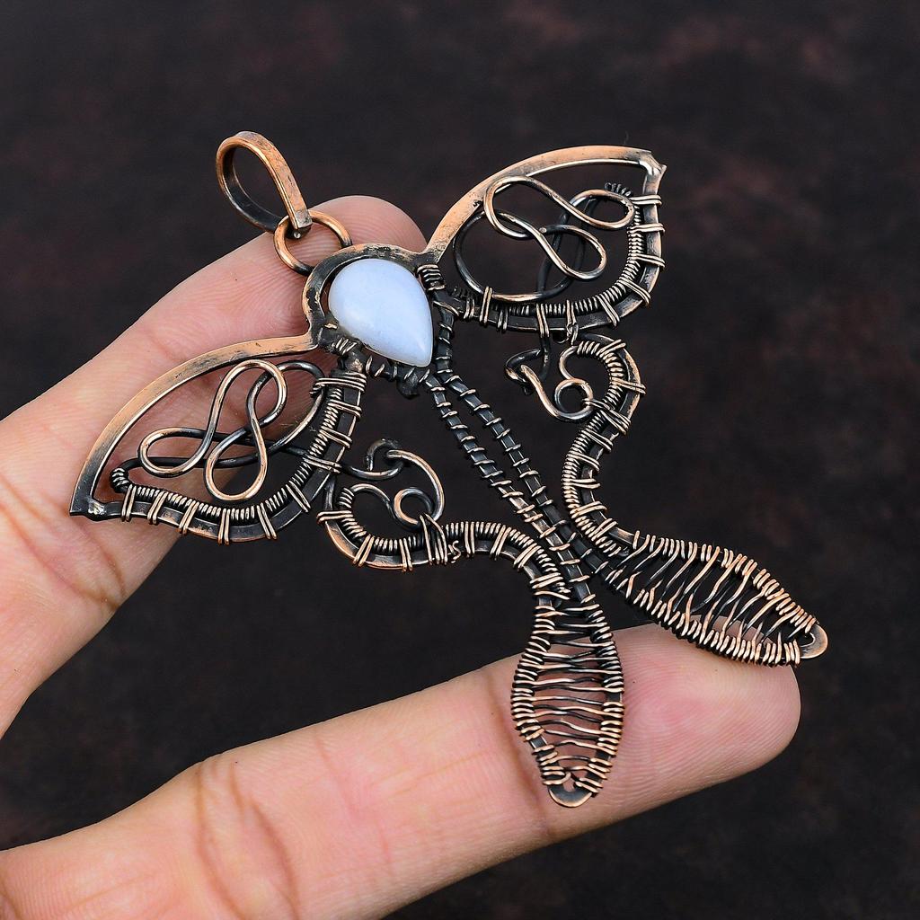 Подвеска из голубого кружевного агата, подвеска из медной проволоки, подвеска ручной работы в виде бабочки, медное ювелирное украшение, подвеска с драгоценным камнем, дизайнерский кулон, свадебный подарок