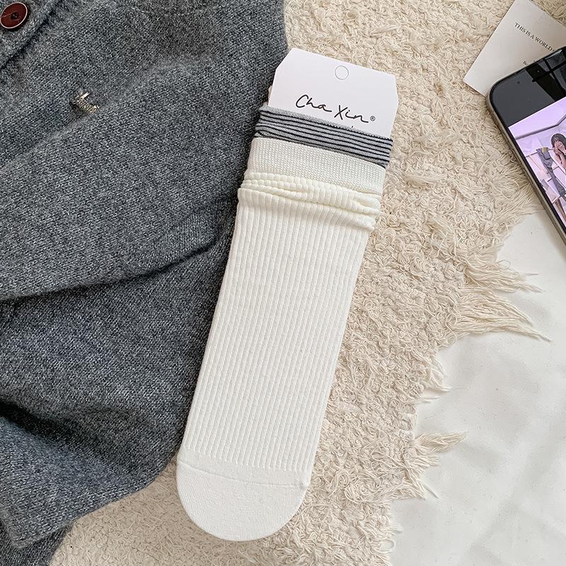 Женские носки в японском стиле в рубчик с полосками, средней длины, серая пэчворк, имитация двух пар, для весны/осени, универсальные, девичья мода