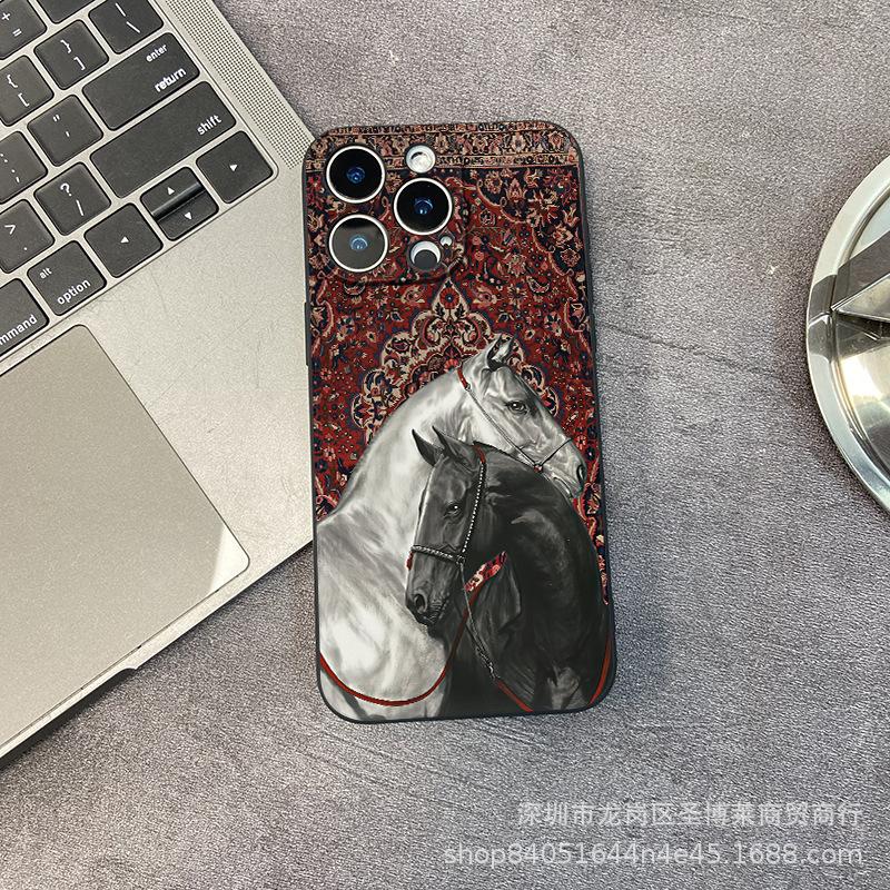 Ретро-узор лошадь подходит для чехла на мобильный телефон iPhone15 14PROMAX полноразмерный 13 противоударный 16/15 защитный чехол 17