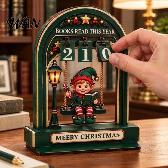Christmas Home Accents Wooden Reading Tracker, Santa Arch Shelf Desktop Decor Decorations with Adjustable Number Counters, Holiday Gift for