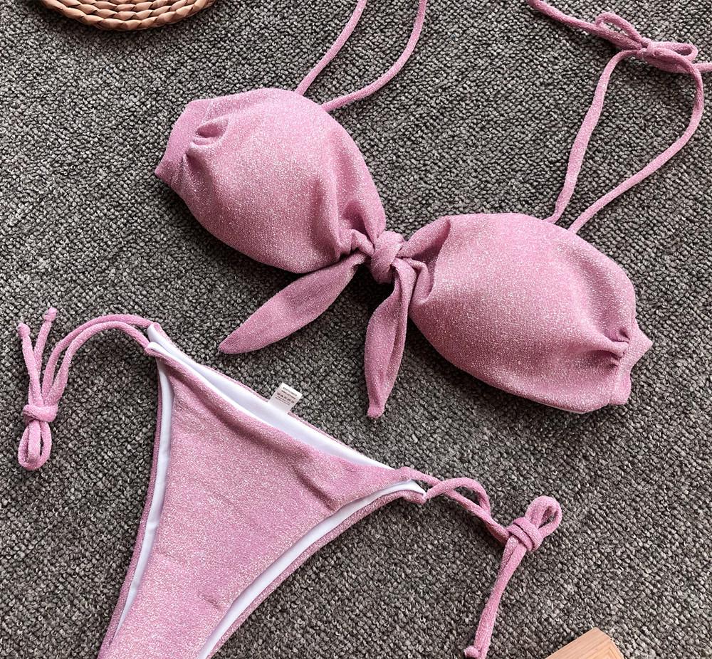 Женский купальник фиолетовый блеск сексуальный комплект бикини с завязками по бокам купальники пляжная одежда купальные костюмы