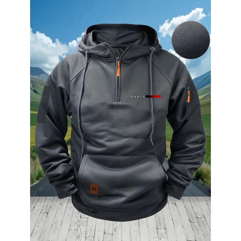Mens Winter Hooded Zip-Up Sweatshirt With Multiple Pockets Casual Long Sleeve Pullover