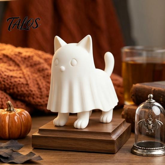 Маленькая декоративная фигурка, Фигурка кота-призрака, Милая скульптура котенка в плаще, 3D-печать, Минималистичная статуэтка из ПЛА, Хэллоуин, Настольный декор, Заготовка для росписи DIY