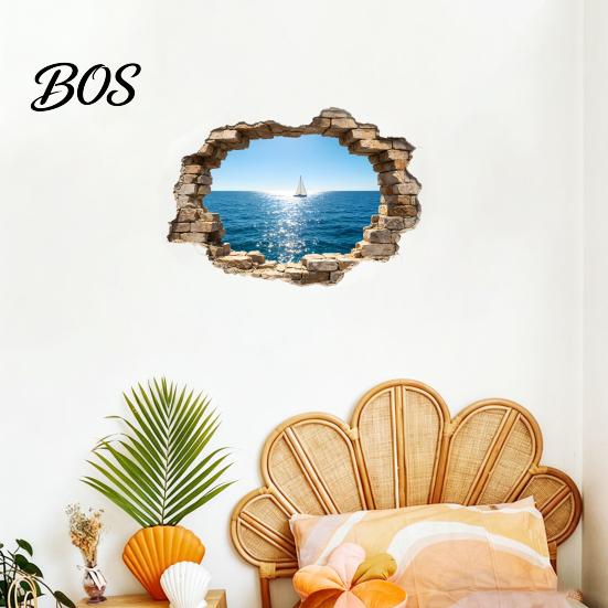 Peel-And-Stick Wall Art 3D Broken Ocean View Sticker, Coconut Tree Beach Decorative Decal, Removable Sticker Waterproof for Living Room, Bedroom,