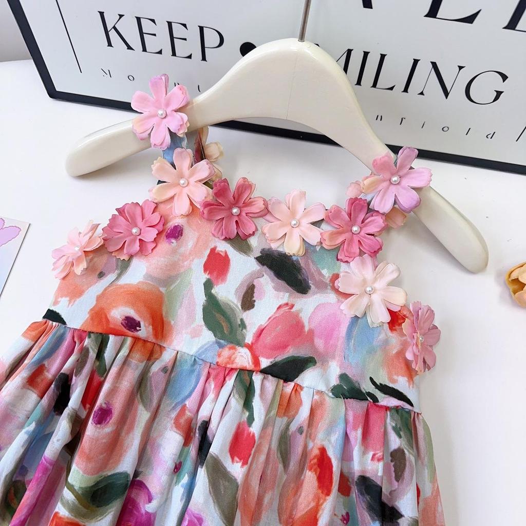 Детское летнее платье с цветочным принтом на тонких бретелях - платье-жилет в французском стиле "принцесса" AXB685