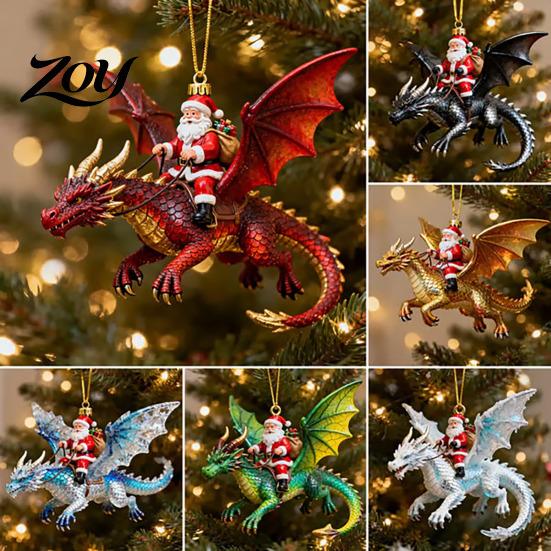 Exquisite Holiday Hanging Embellishment Santa Claus Dragon Rider Christmas Ornament, 2D Acrylic Red Decorative Pendant for Party with Flying