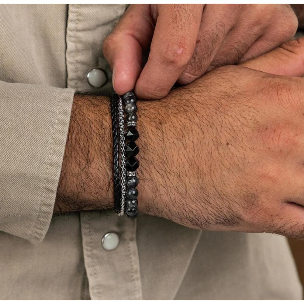 Vacation Style Stacked Bracelet Retro Men's Beaded African Pine Black Agate Woven Elastic Bracelet Women