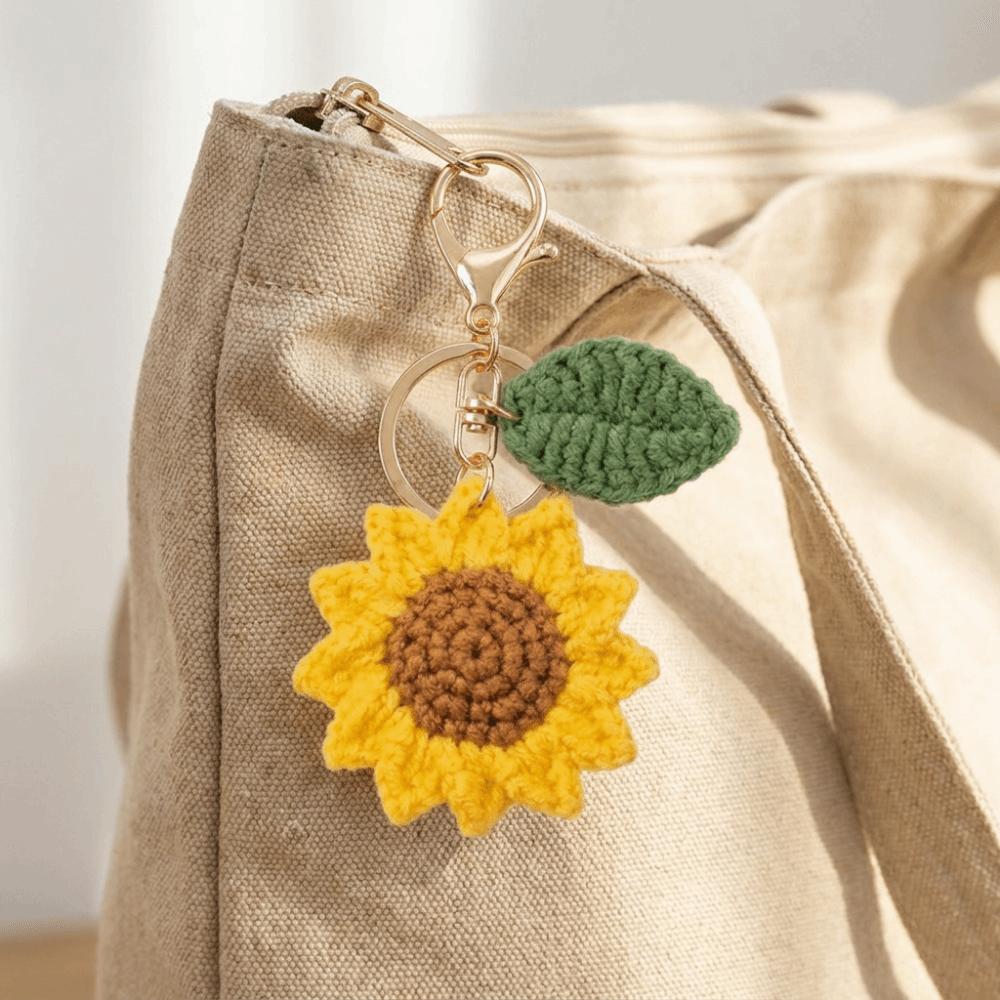 Cotton Crochet Sunflower Pendant Fabric Bag Lanyard Charm Cute Knitted Keychain  Daily