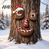 Santa Claus Trunk Decor 5 Pcs/Set Outdoor Tree Face Decor, Christmas Resin Art with Garden Sculpture Gift Hat, Funny Eyes Nose Mouth Set for