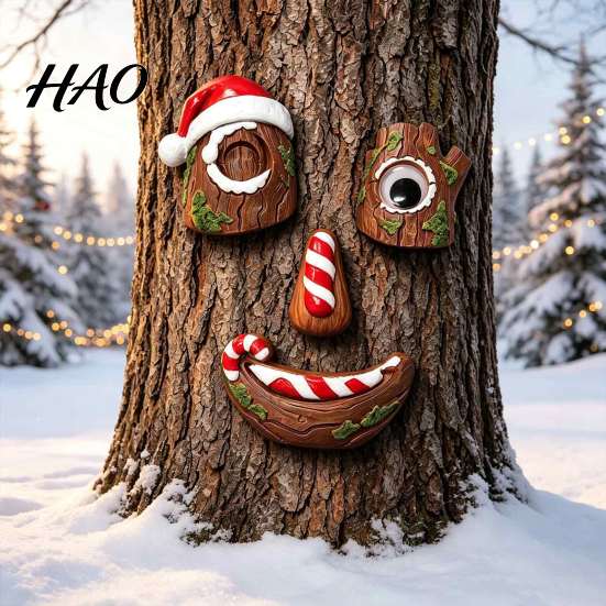 Santa Claus Trunk Decor 5 Pcs/Set Outdoor Tree Face Decor, Christmas Resin Art with Garden Sculpture Gift Hat, Funny Eyes Nose Mouth Set for