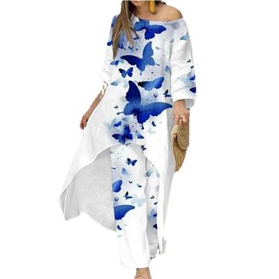 Женские комплекты свободного покроя, большого размера, с принтом, нерегулярные топы с короткими рукавами и прямые брюки, комплект из 2 предметов