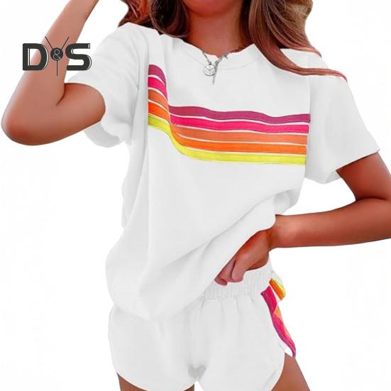 Женский комплект из 2 предметов: футболка с коротким рукавом и круглым вырезом, эластичная резинка на талии, широкие шорты, комплект в стиле пэчворк, уличный стиль