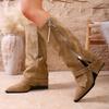 Vintage Wedge Heel Tall Boots Fall Winter New Pointed Toe Suede Side Zip Belt Buckle Soft Sole Single Shoes