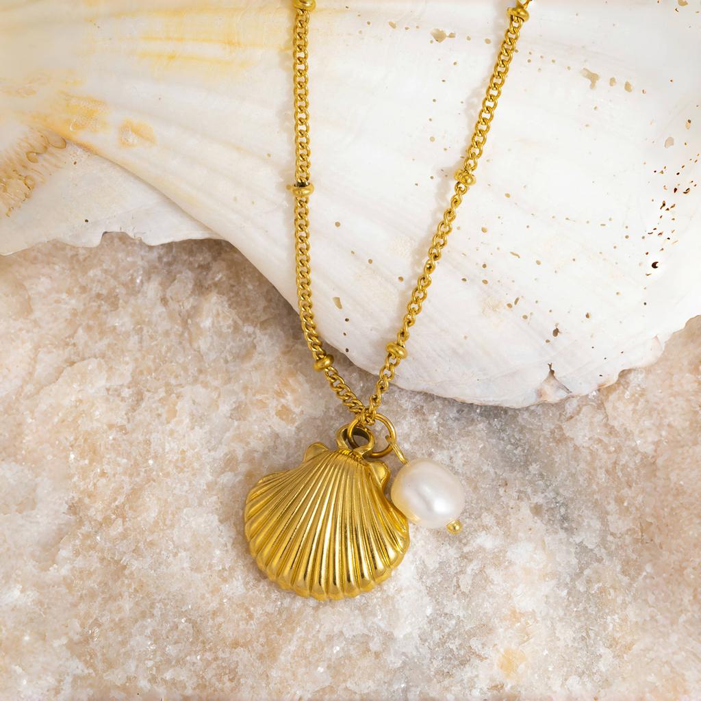 Gold Plated Stainless Steel Shell & Pearl Pendant Necklace for Women, Summer Beach Boho Coastal Hypoallergenic Jewelry Gift