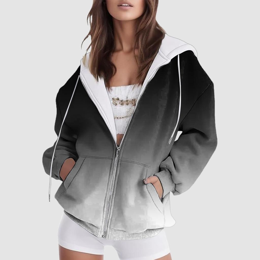 2024 Новая женская толстовка с капюшоном с градиентом, зимняя, с длинным рукавом, на шнурке, с капюшоном, с двойными карманами, на молнии, повседневная уличная одежда