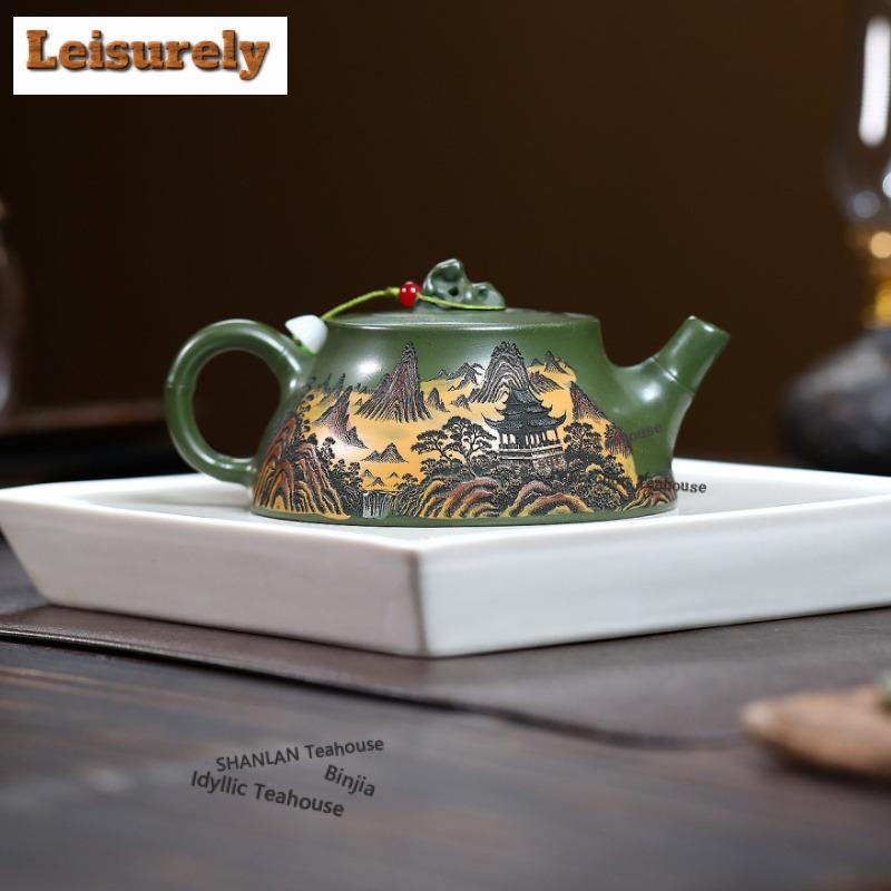230 мл Антикварные фиолетовые глиняные чайники из Исина Ручная работа Горшечный пейзаж Сырая руда Зеленая глина Чайник для заваривания чая Набор чайной посуды Zisha Чайные сервизы
