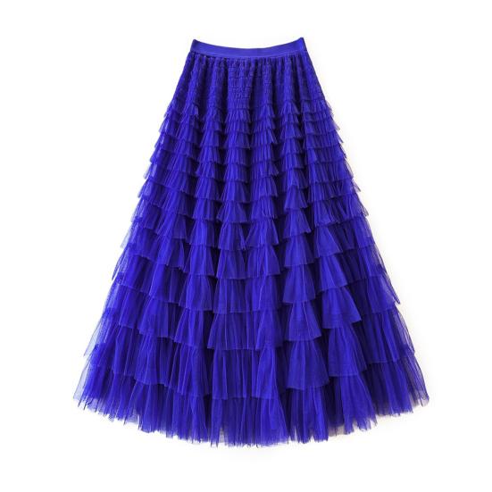 Women Cake Skirt Solid Color Mid-Waist Long Skirt with Elastic Waist Mesh