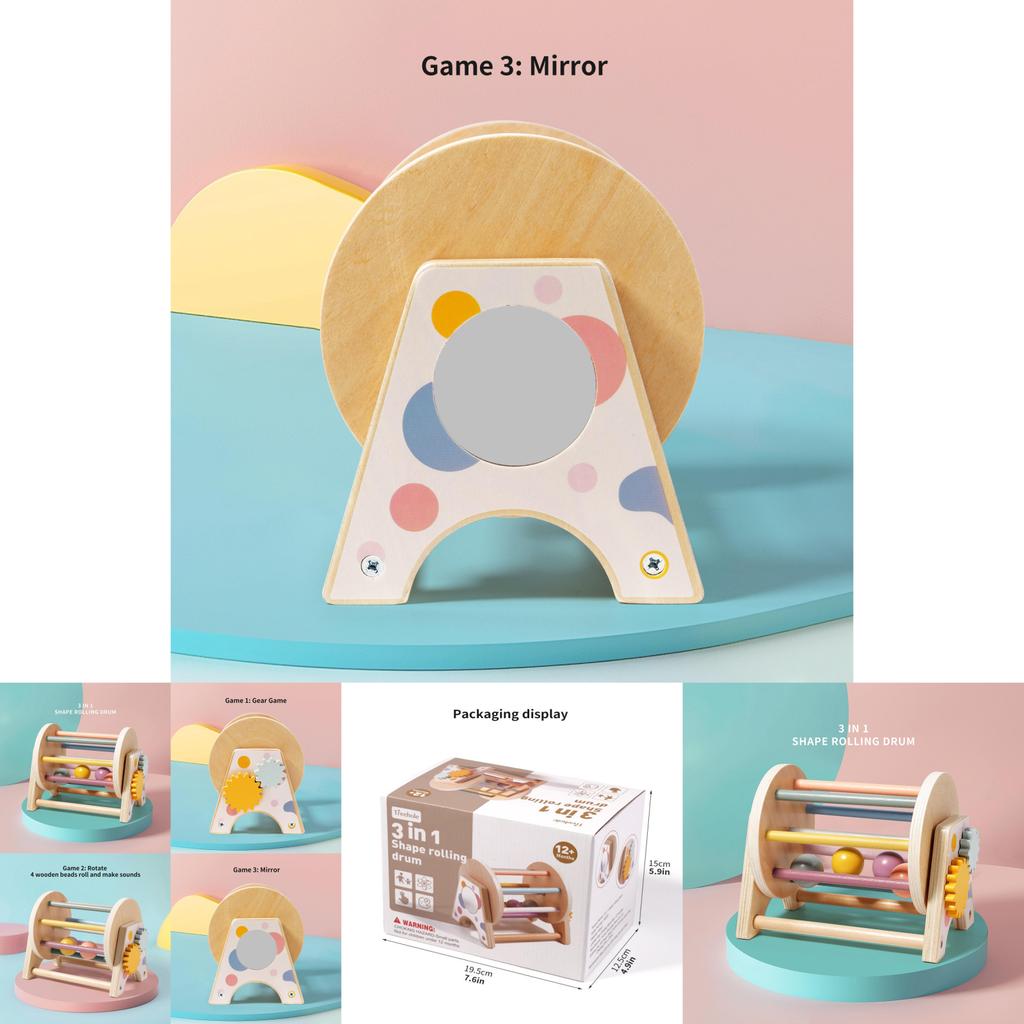 Wooden Montessori Threeinone Desktop Rattling Drum For Toddlers Educational Toy
