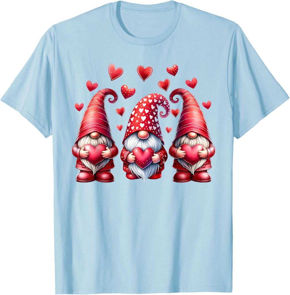 Pink Valentine Gnomes with Hearts Graphic Print Cotton T-Shirt Casual Daily Tee for Women Men