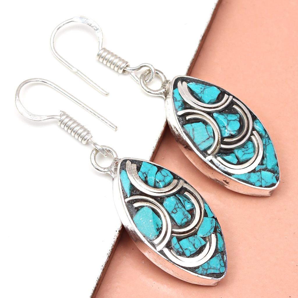 Nepali Tibetan Turquise Lapis Lazuli Gemstone Silver Jewelry Earring 1.5''