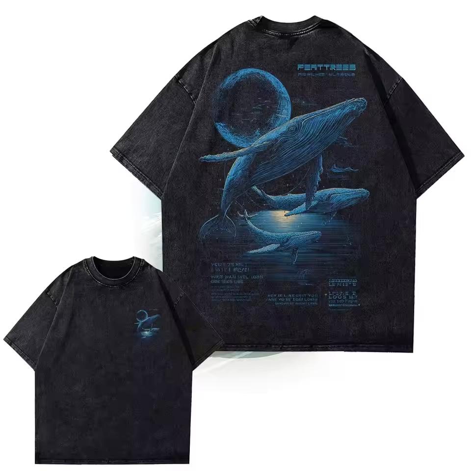 Men Loose American Retro Whale Print Washed Cotton T‑shirt Unisex Round Neck Versatile Couple Short Sleeve Streetwear Casual Top