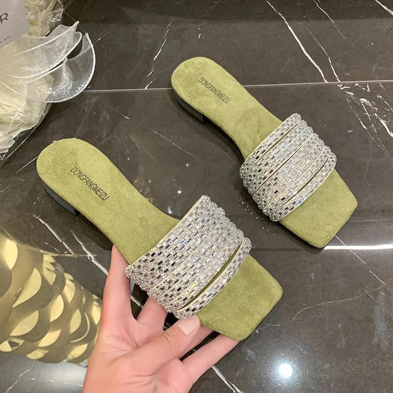 Мода 2025 Лето Женские Квадратный Носок Кристальные Шлепанцы Модные Платье Балетки Обувь Женские Лаконичные Уличные Пляжные Слайды