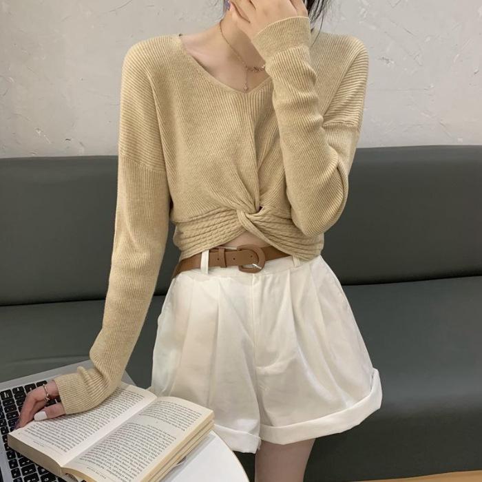 Autumn V-Neck Long-Sleeve Knit Sweater for Women