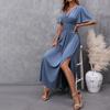 Women's Summer Elegant Deep V-Neck Split Pleated Waist Long Dresses