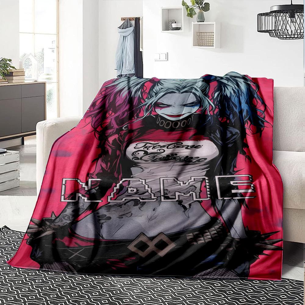 Harley Quinn With Bold Tattoos And Vibrant Pigtails Against A Red Background Lightweight Personalized Blanket Personalized Name Soft Cozy For Sofa
