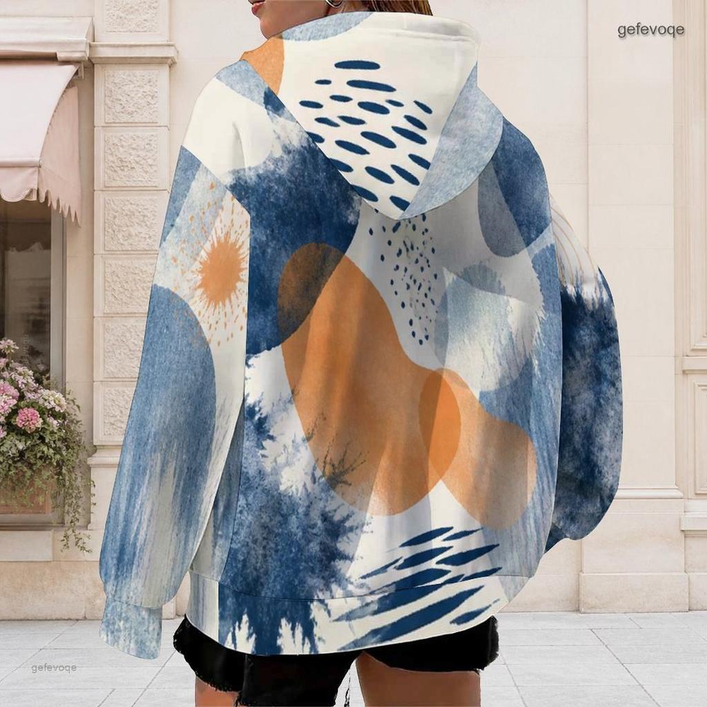Women Plus Size Zip Up Hoodie Long Sleeve Drawstring Hood With Pockets Abstract Printed White Blue Green