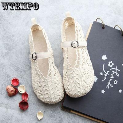 Летняя тканевая обувь. Женские туфли на толстой подошве. Туфли из сетчатой ​​ткани. Туфли для беременных на плоской подошве с отверстиями.