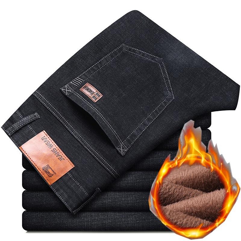 8 Types Of Blue And Black Autumn And Winter Men'S Jeans With Thick Fleece/Regular Optional Loose Straight Leg Casual Warm Outer Pants