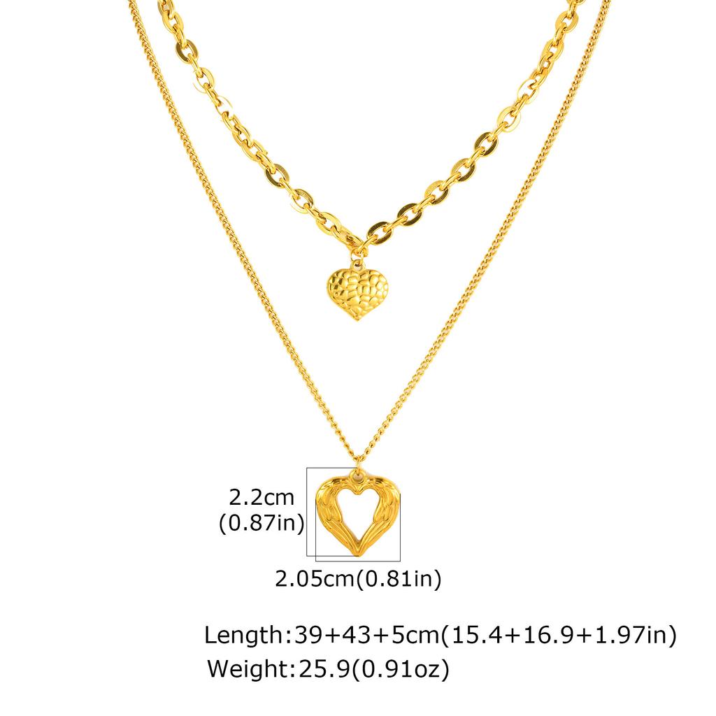 Stainless Steel Double Layer Heart Necklace for Women Gold Plated Textured Pendant Waterproof Romantic Accessory